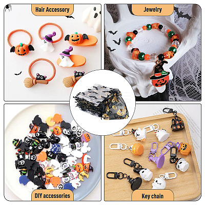 40Pcs 4 Styles Halloween Theme Spider Bat Skull Printed Organza Drawstring Bags ABAG-TA0002-03-1