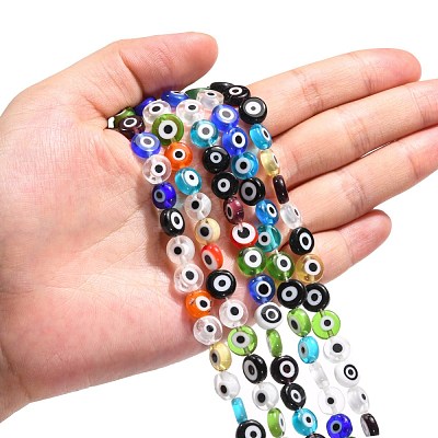 Handmade Evil Eye Lampwork Flat Round Bead Strands LAMP-L058-8mm-M-1
