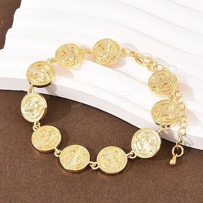 Flat Round with Saint Benedict Brass Link Chain for Women BJEW-K248-06A-G-1