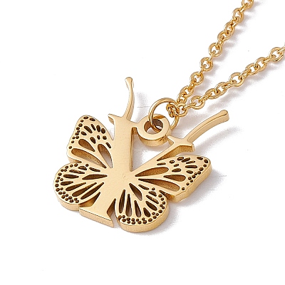 Initial Letter with Butterfly Pendant Necklace NJEW-C026-01G-Y-1