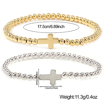 2Pcs Brass & 304 Stainless Steel Beads Stretch Bracelets Set EI7625-1-1