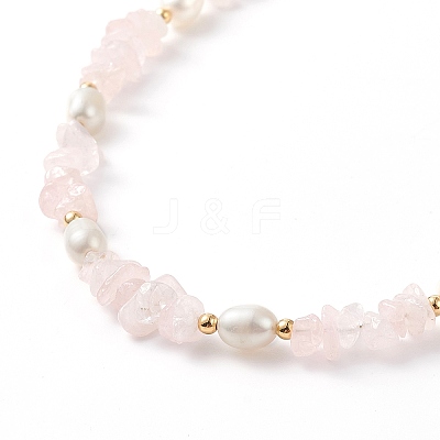 Natural Rose Quartz Chips & Pearl Beaded Necklace NJEW-JN04008-01-1
