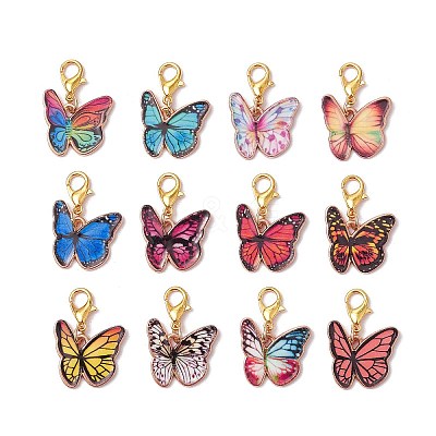 12Pcs 12 Colors Butterfly Alloy Enamel Pendant Decorations HJEW-JM02852-1