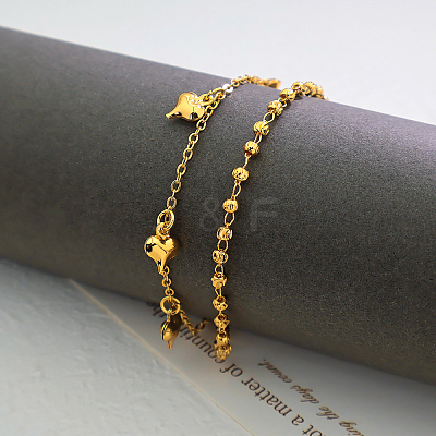 Vintage Beach Brass Heart Tassel Double Layer Chain Anklets for Women VK8892-1