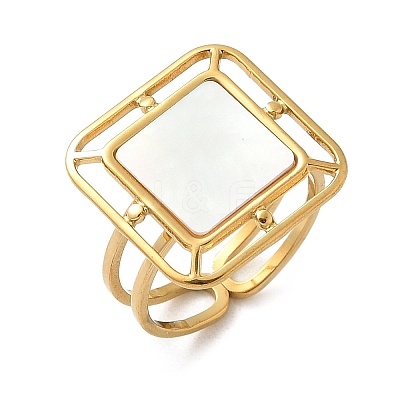 Square 304 Stainless Steel White Shell Cuff Rings for Women RJEW-G346-03G-02-1