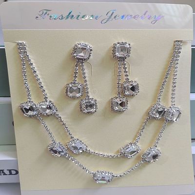 Rectangle Brass Rhinestone Double Layer Chain Necklace & Stud Dangle Earring Sets FS-WG7C731-05-1