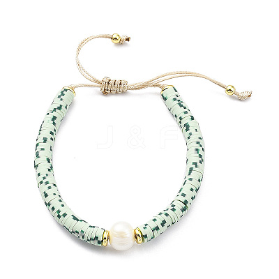 Adjustable Natural Pearl & Polymer Clay Disc Braided Beaded Bracelet for Women BJEW-O187-06-1