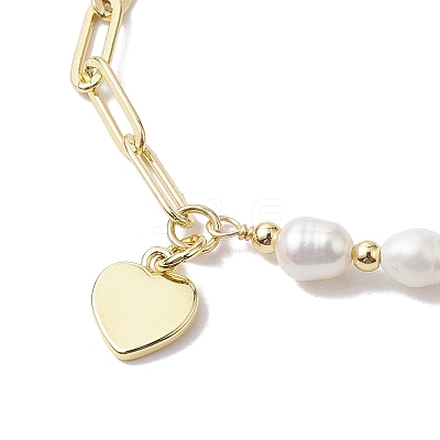 Natural Cultured Freshwater Pearl Beads Paperclip Chains Heart Charm Bracelets with Toggle Clasps for Women BJEW-JB10193-1