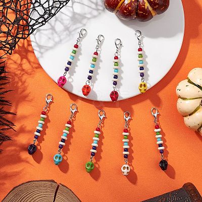 Dyed Synthetic Turquoise Halloween Skull Pendants Decorations HJEW-JM03902-1
