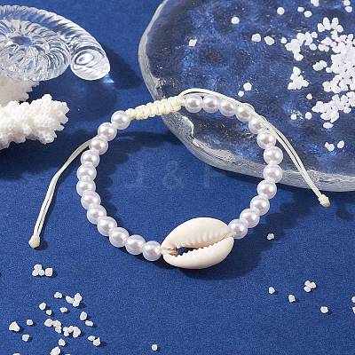 Adjustable ABS Plastic Imitation Pearl & Acrylic Shell Shape Braided Bead Bracelets BJEW-JB10104-04-1
