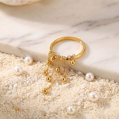 304 Stainless Steel Round Bead Tassel Finger Rings WGCFC02-01-1