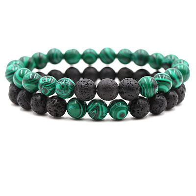 2Pcs 2 Styles Synthetic Malachite & Natural Lava Rock Round Beaded Stretch Bracelets for Couple FS-WGA2A2E-01-1