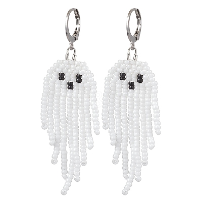 Halloween Woven MIYUKI Seed Beads Ghost Hoop Earrings EJEW-JE05854-01-1