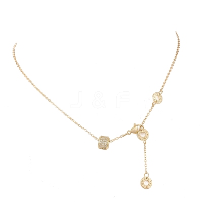 Brass Micro Pave Clear Cubic Zirconia Column Bead and Love Disc Pendant Cable Chain Necklaces NJEW-JN05768-1