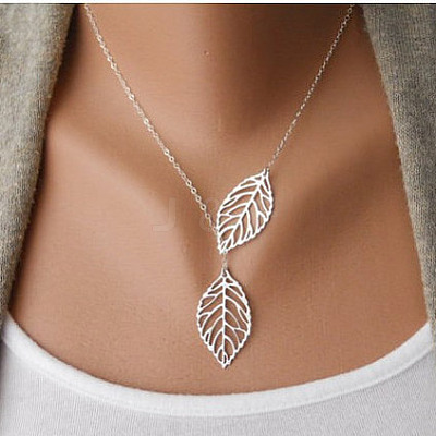 Simple Hollow Leaf Alloy Lariat Necklaces NJEW-N0052-002A-1