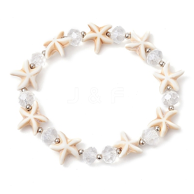 Summer Beach Starfish Dyed Synthetic Turquoise & Faceted Glass Beaded Stretch Bracelets for Women Men BJEW-JB10454-01-1