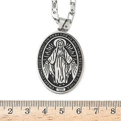 Religion 201 Stainless Steel Enamel Black Oval with Virgin Mary Pendant Necklaces NJEW-C104-02B-1