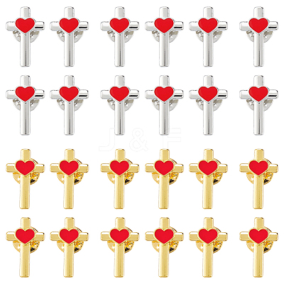 24Pcs 2 Colors Cross with Heart Alloy Enamel Lapel Pin Backs for Backpack Clothes JEWB-FG0001-59-1