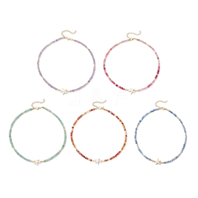 5Pcs 5 Colors Summer Beach Natural Amethyst & Green Aventurine & Dyed Agate Round Beaded Necklaces NJEW-JN05262-1