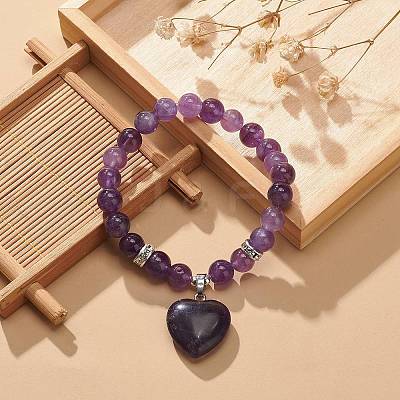 Natural Amethyst Round Beaded Stretch Bracelet with Heart Charm BJEW-JB09019-02-1