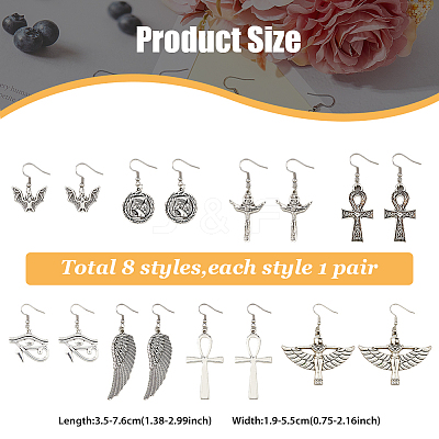 8 Pairs 8 Sytle Bat & Ankh Cross & Eye of Ra/Re & Egyptian Zinc Alloy Dangle Earrings EJEW-FI0001-37-1