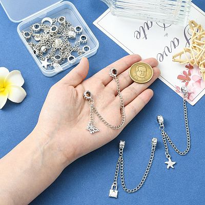 9Pcs 9 Styles Zinc Alloy European Safety Chains with Dangle Charms HJEW-CJ0001-23-1