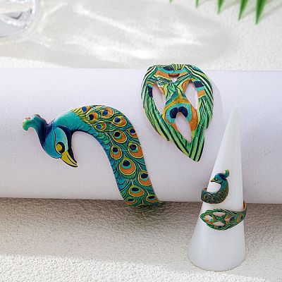 Iron Enamel Peacock Cuff Bangle & Ring Sets for Women WG60250-01-1