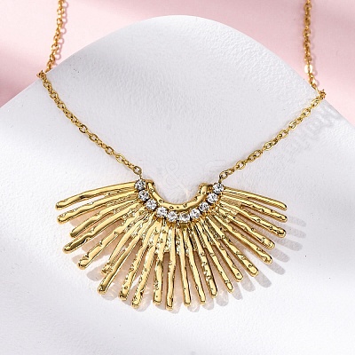 304 Stainless Steel Crystal Rhinestone Fan Pendant Necklaces for Women NJEW-U032-03G-1