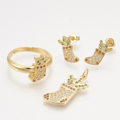 Brass Cubic Zirconia Pendants & Stud Earrings & Adjustable Rings Jewelry Sets SJEW-S043-12-1