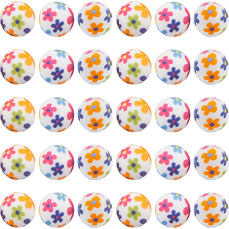 30pcs Round with Flower Pattern Silicone Focal Beads SIL-SC0002-03B-1
