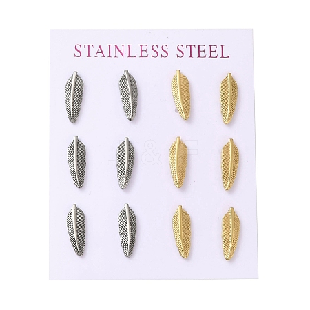 Ion Plating(IP) 304 Stainless Steel Feather Stud Earrings EJEW-C099-11PG-1