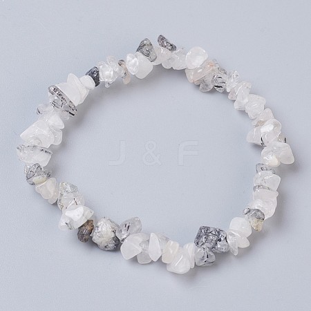 Natural Tourmalinated Quartz/Black Rutilated Quartz Stretch Bracelets BJEW-JB03681-01-1