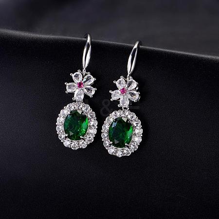 Brass Micro Pave Cubic Zirconia Flower with Oval Dangle Earrings for Women GA8760-1-1