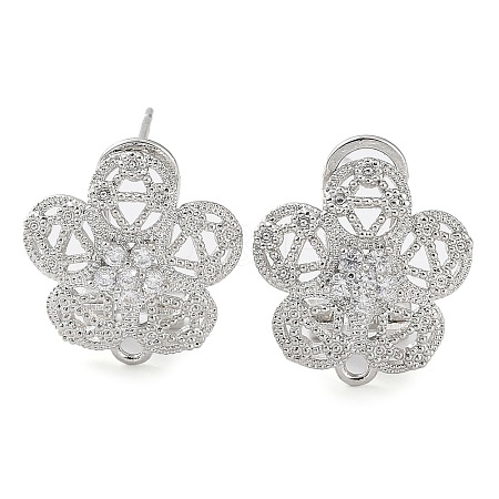 Flower Brass Micro Pave Cubic Zirconia Stud Earrings Finding KK-E083-21P-1