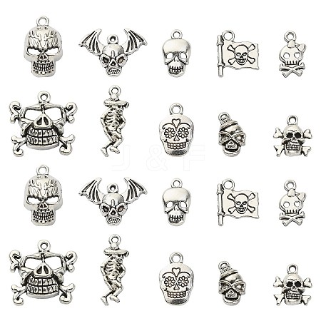 100Pcs 10 Styles Tibetan Style Alloy Pendants SKUL-CJ0001-01-1