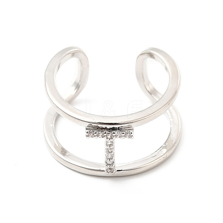 Clear Cubic Zirconia Initial Letter Open Cuff Ring RJEW-A012-01P-T-1