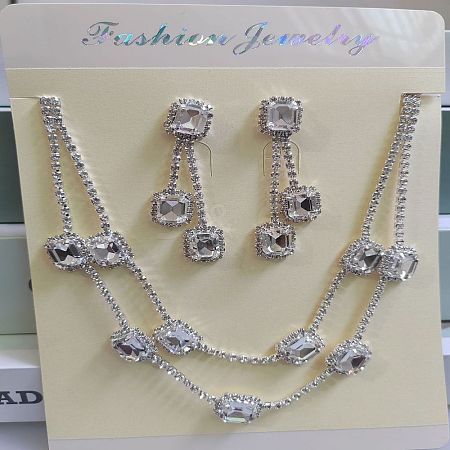 Rectangle Brass Rhinestone Double Layer Chain Necklace & Stud Dangle Earring Sets FS-WG7C731-05-1