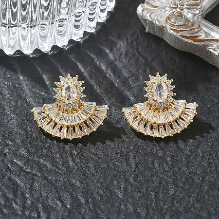 Fan-Shaped Brass & Clear Cubic Zirconia Stud Earrings for Women KK-CBA36A2-13G-1