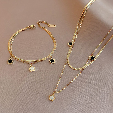 Star Stainless Steel with Natural Shell Double Layer Pendant Necklaces & Charm Bracelets Sets WGBAFA5-03-1