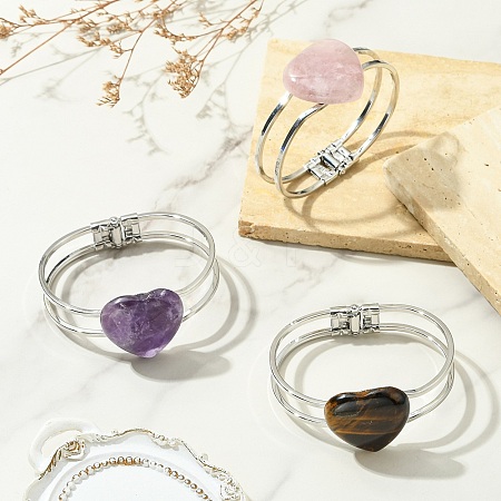 Natural Mixed Gemstone Heart Brass Hinged Cuff Bangles BJEW-JB14316-1