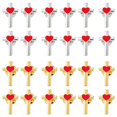 24Pcs 2 Colors Cross with Heart Alloy Enamel Lapel Pin Backs for Backpack Clothes JEWB-FG0001-59-1