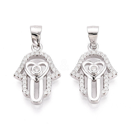 925 Sterling Silver Micro Pave Clear Cubic Zirconia Heart Hamsa Hand Pendants STER-N016-100P-1