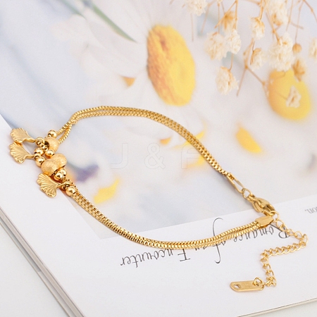 304 Stainless Steel Round Bead with Ginkgo Leaf Anklets FS-WG90D78-01-1