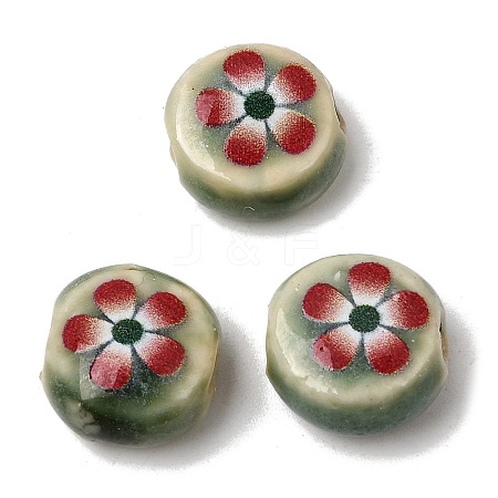 Flat Round Handmade Floral Porcelain Beads PR-CBA03B0-02D-1