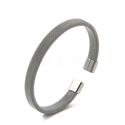 304 Stainless Steel Flat Mesh Chains Shape Open Cuff Bangle for Women BJEW-C0033-04-1