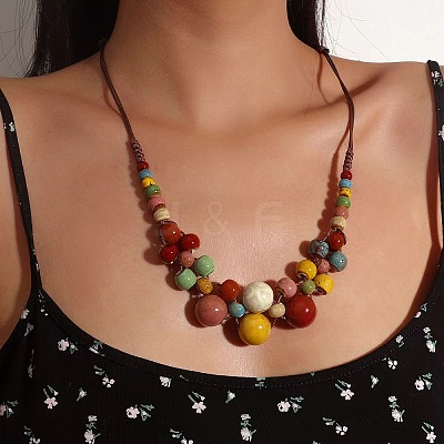 Bohemian Porcelain Round Beaded Imitation Leather Cord Bib Necklaces for Women FS-WG95F0C-01-1