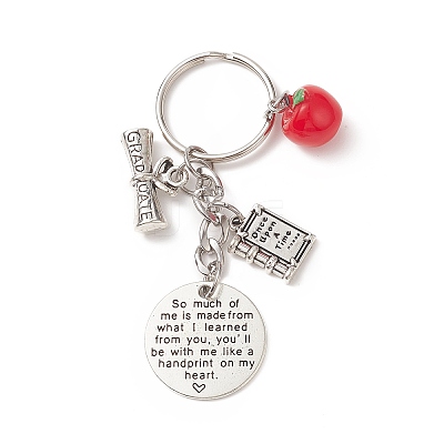 Tibetan Style Alloy Flat Round and Word Pendant Keychain with Apple Resin Charms KEYC-TA00007-1