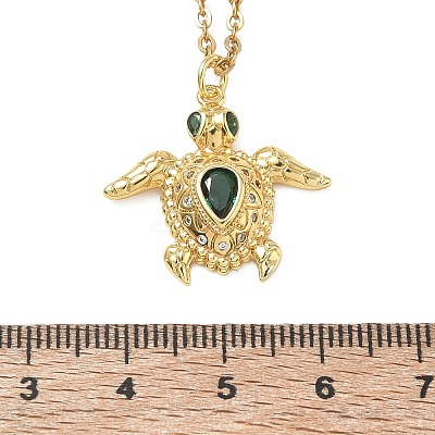 Ocean Brass Pavel Green Cubic Zirconia Sea Turtle Pendant 304 Stainless Steel Cable Chain Necklaces NJEW-JN06678-1