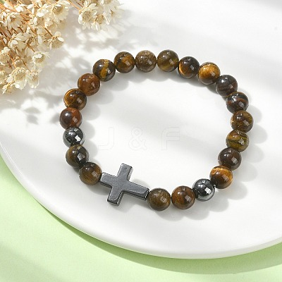 Natural Tiger Eye & Synthetic Hematite Corss Beaded Stretch Bracelets BJEW-JB09845-03-1