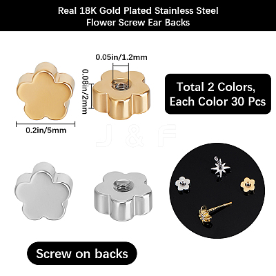 60Pcs 2 Colors Stainless Steel Ear Nuts STAS-BBC0006-40A-1